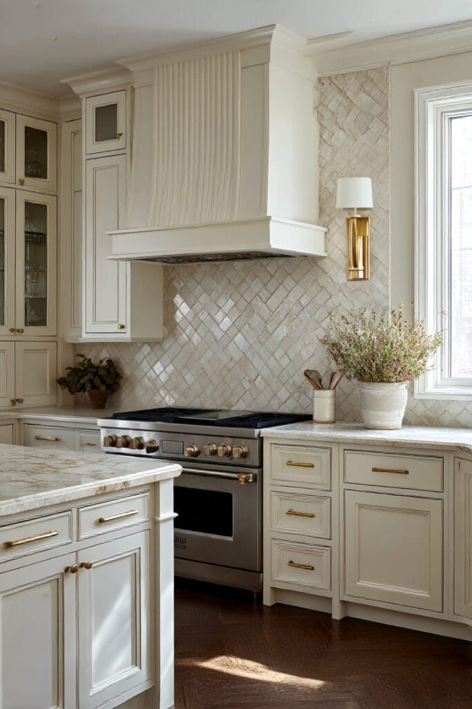 Statement kitchen range wall with herringbone stone tile backsplash, cream cabinetry, brass hardware, and stainless steel range.