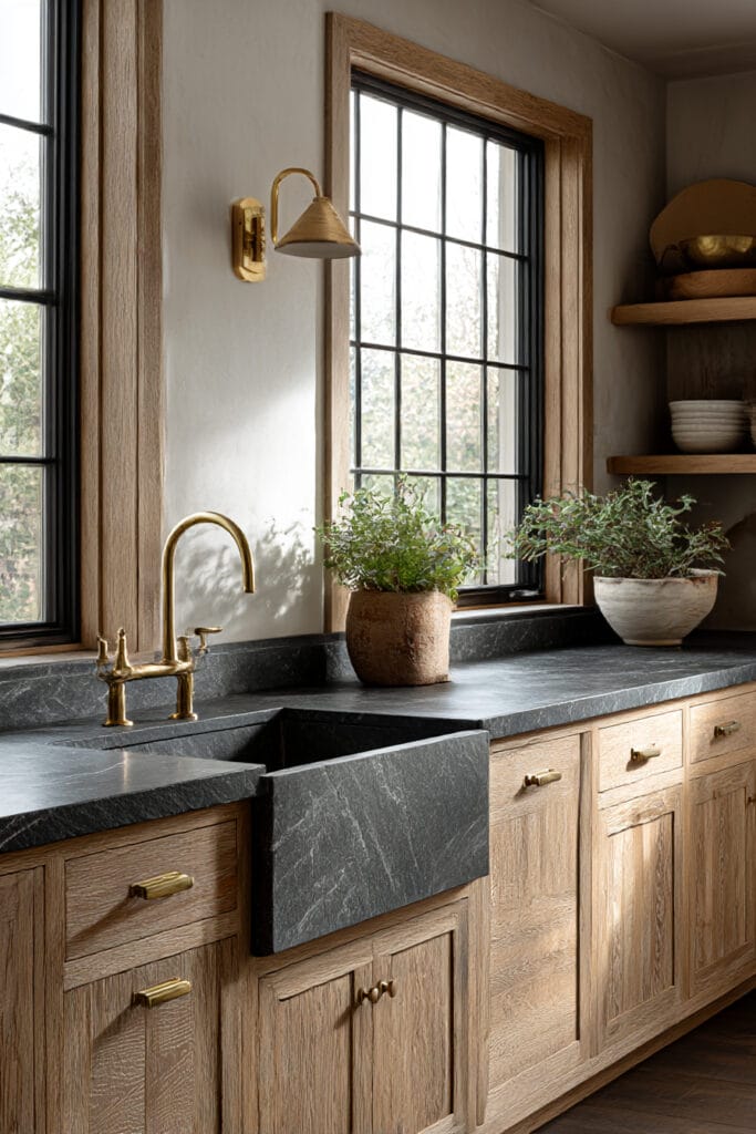 Kitchen with dark stone sink and countertop, warm wood cabinets, brass faucet, and natural light by the window