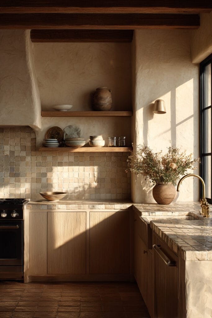 Warm rustic kitchen with stone clay tile backsplash, plaster walls, wood cabinets, and soft natural lighting