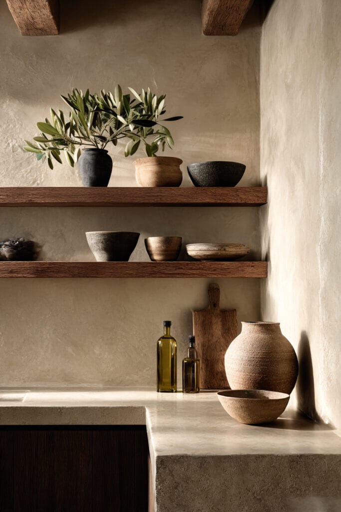 Stone clay tile backsplash with warm plaster walls, wood floating shelves, ceramic bowls, olive branches, and natural stone countertops.