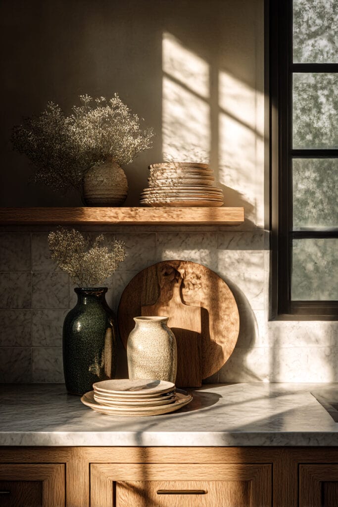 Stone clay tile backsplash with open wood shelving, stacked ceramic plates, rustic cutting boards, pottery vases, and warm natural light.