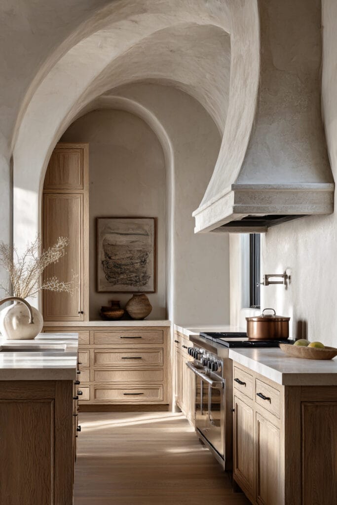 Kitchen with plaster range hood, stone countertops, arched details, and warm wood cabinets in a soft neutral palette