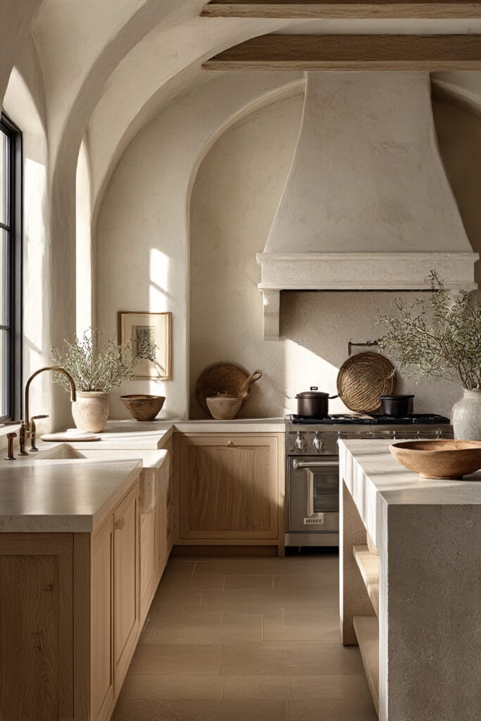 Stone kitchen backsplash with plaster range hood, warm wood cabinetry, arched details, and natural stone surfaces in a rustic kitchen