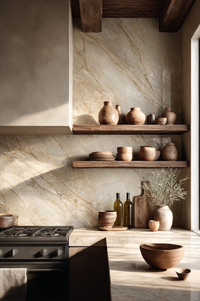 Natural stone kitchen backsplash with warm veining, open wood shelves, rustic pottery, and stone countertops in an earthy kitchen design