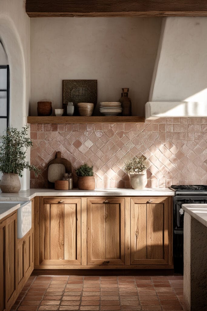 Terracotta clay tile kitchen backsplash with warm wood cabinets, plaster walls, rustic decor, and earthy neutral styling