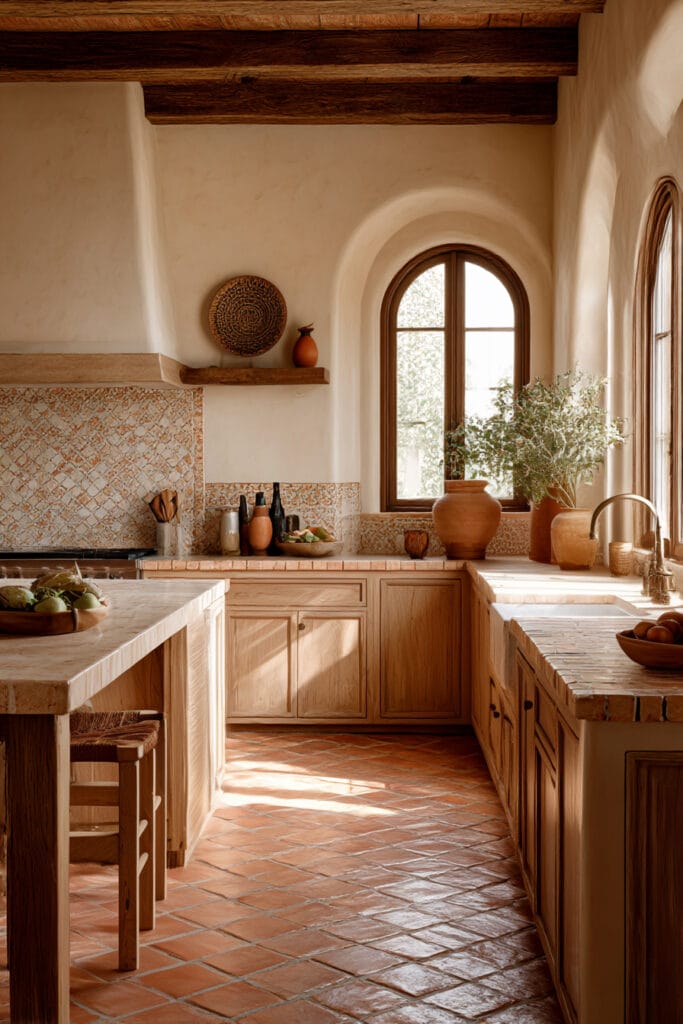 Terracotta clay tile kitchen backsplash with warm wood cabinets, plaster walls, arched windows, and rustic Mediterranean styling
