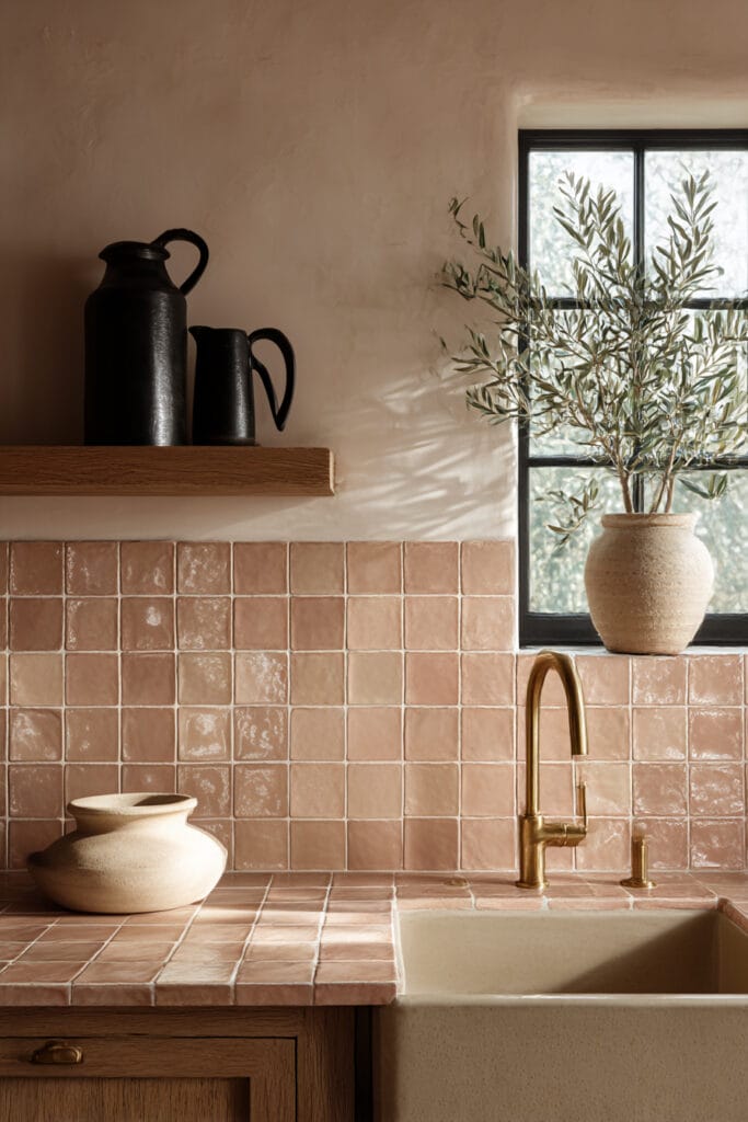 Terracotta clay tile kitchen backsplash with square tiles, farmhouse sink, brass faucet, plaster walls, and warm neutral styling