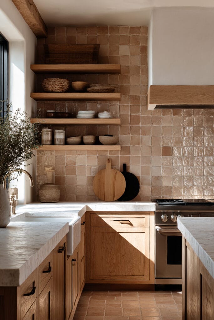 Terracotta clay tile kitchen backsplash with warm wood cabinets, open shelves, marble countertops, and natural neutral styling