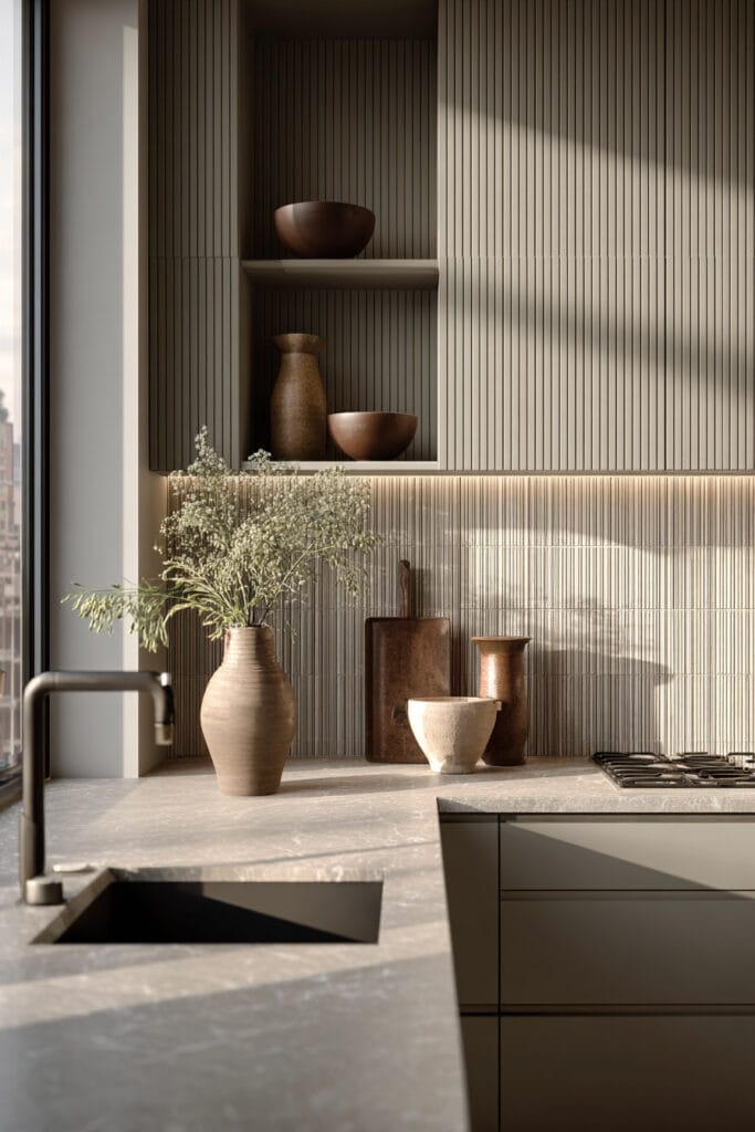 Modern kitchen with ribbed cabinetry and textured backsplash showing dimensional surfaces and fluted decor trend in warm neutral kitchen design.