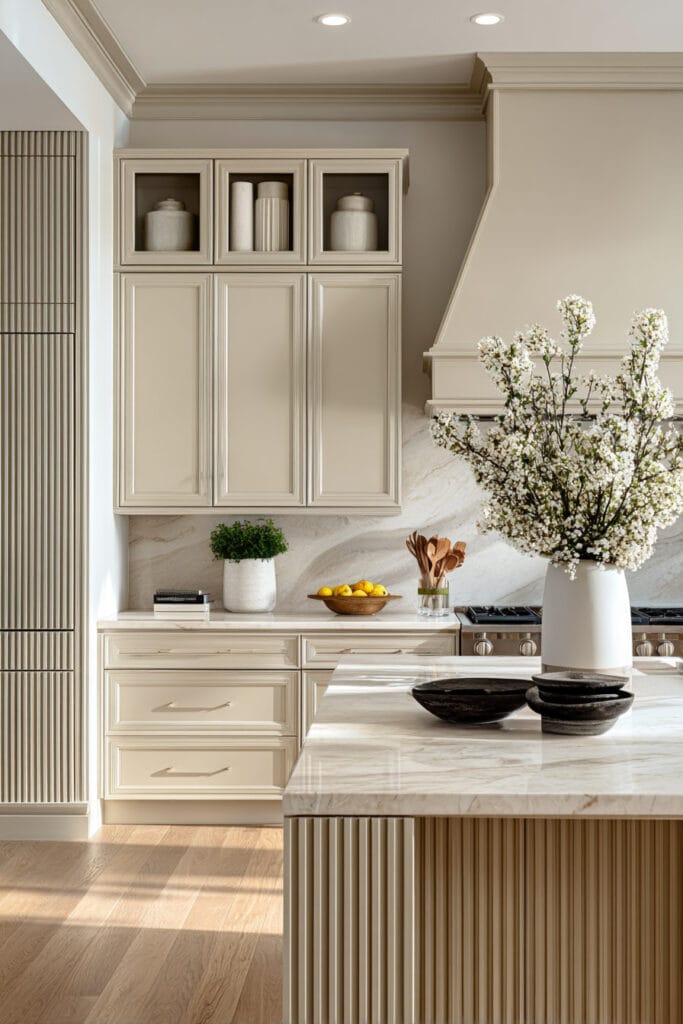 Neutral kitchen with ribbed kitchen island, fluted wall paneling, and marble countertops creating layered dimensional surfaces in a warm classic modern design.