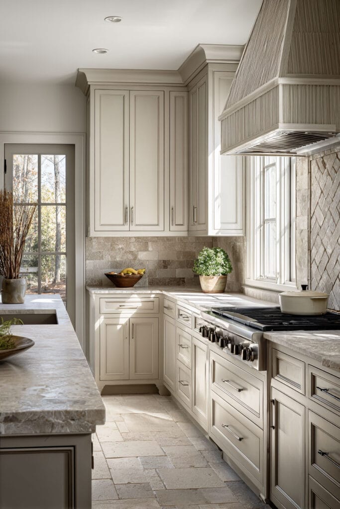 Neutral kitchen with fluted range hood and stone tile backsplash showing organic and graphic dimensional surfaces in textured kitchen design.