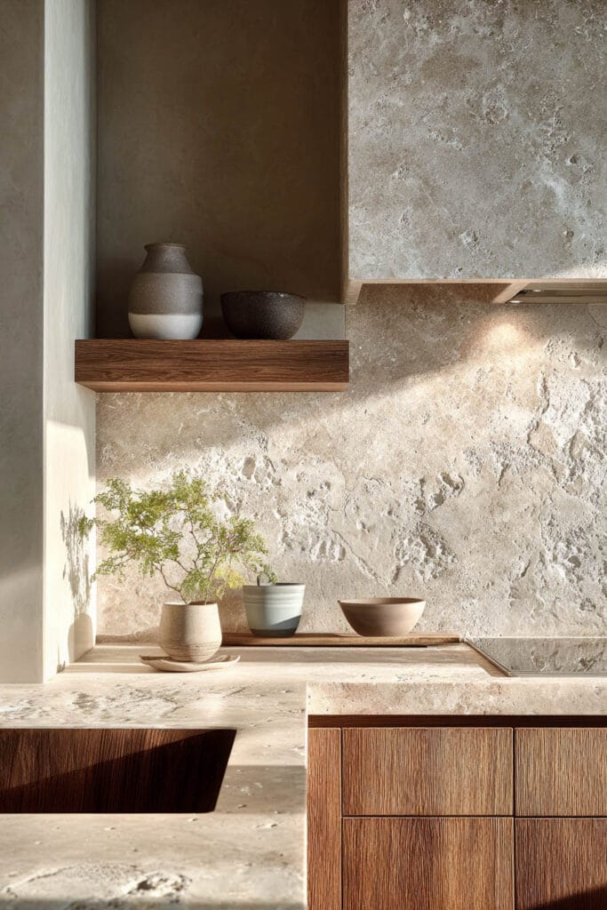 Neutral kitchen with organic textured stone backsplash, warm wood cabinetry, and natural light highlighting dimensional kitchen surfaces and natural materials.