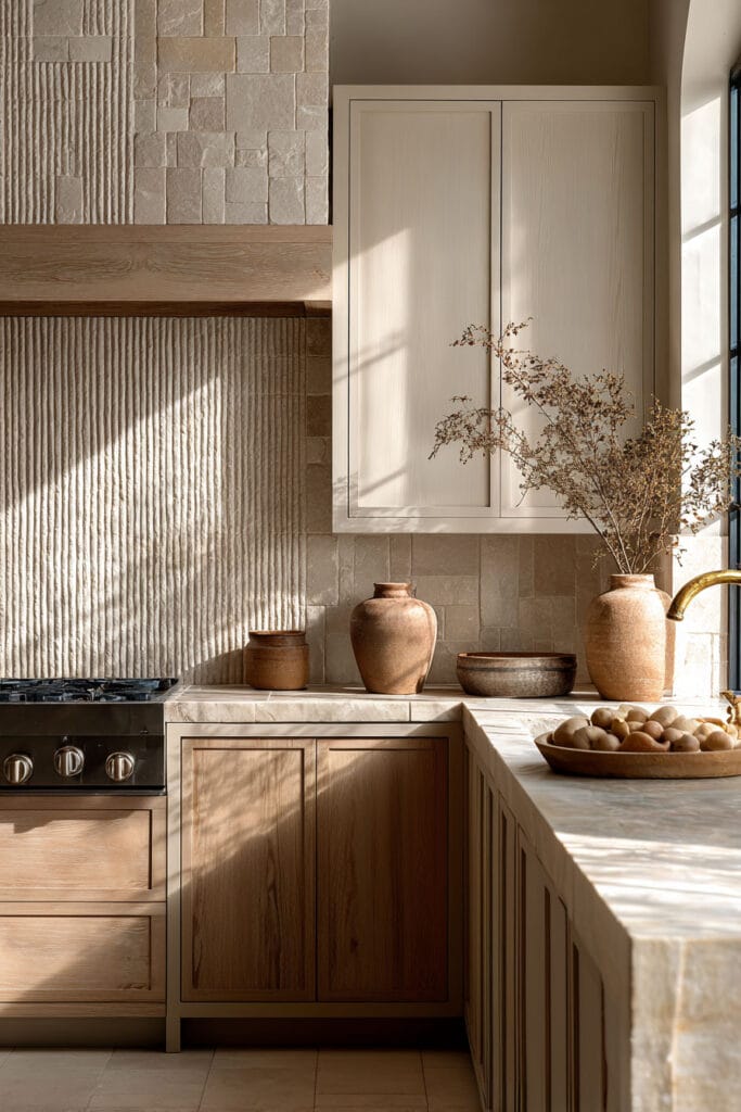 Neutral kitchen with mixed stone backsplash, ribbed tile detail, and warm wood cabinetry creating layered dimensional surfaces in natural light.