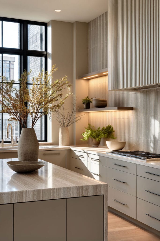Modern neutral kitchen with ribbed tile backsplash, vertical textured surfaces, and stone island creating layered dimensional kitchen design.