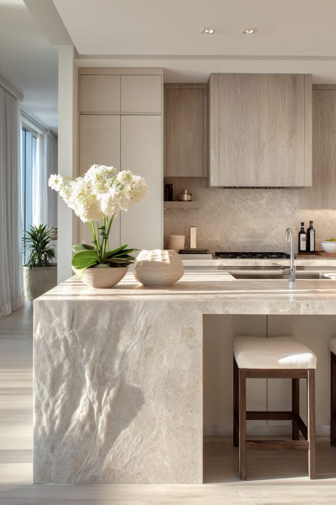 Neutral kitchen with textured stone waterfall island, warm wood cabinetry, and natural light highlighting dimensional stone surfaces and modern kitchen design.