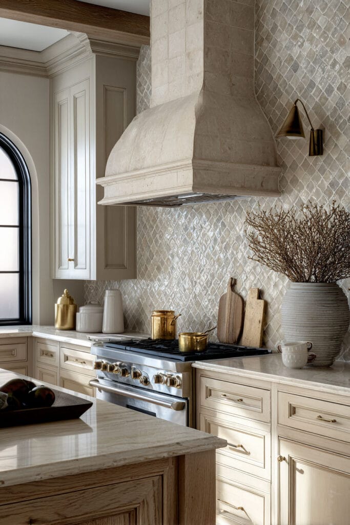 Neutral kitchen with dimensional tile backsplash and stone range hood, textured kitchen surfaces, warm neutral kitchen with layered materials and depth.