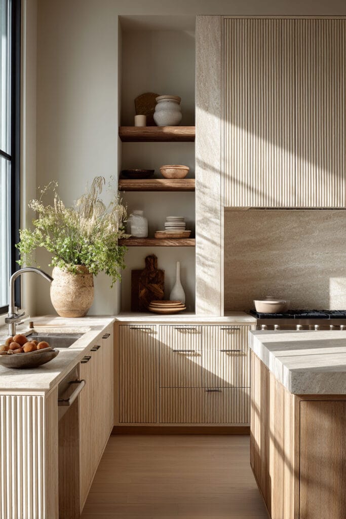 Neutral kitchen with ribbed wood cabinetry, stone backsplash, and open shelving showing layered dimensional surfaces and warm organic kitchen textures.
