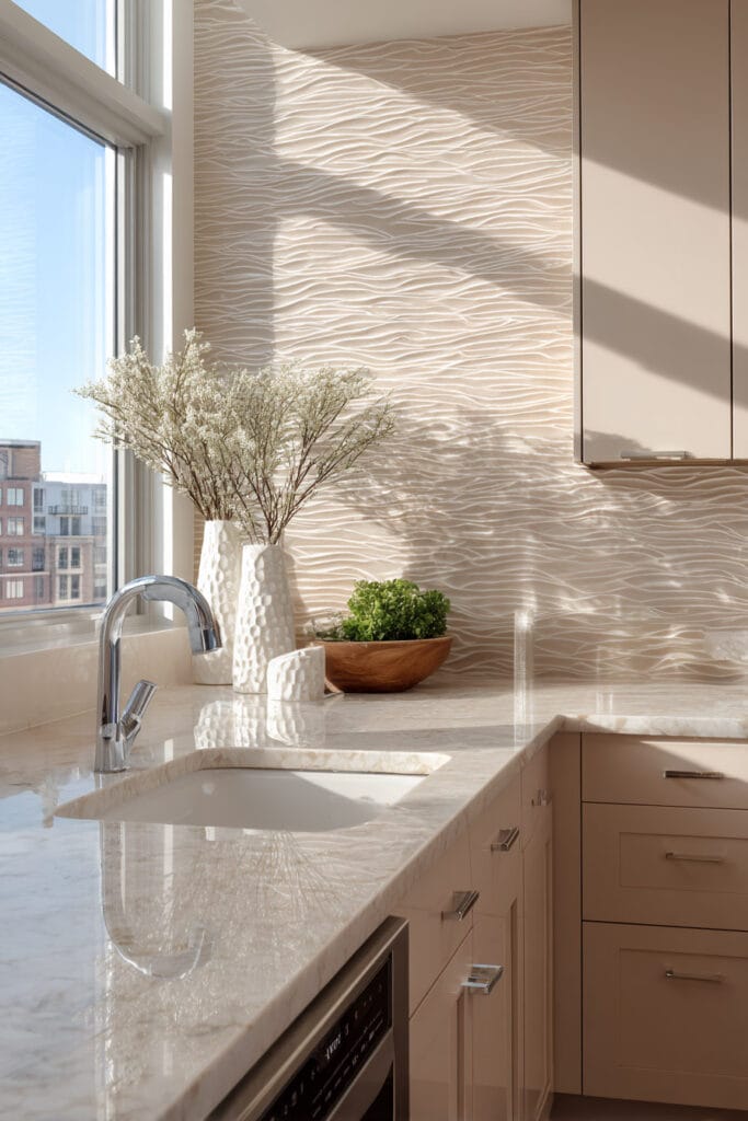 Neutral kitchen with wave-textured backsplash tile, marble countertop, and natural window light highlighting dimensional kitchen surface design.