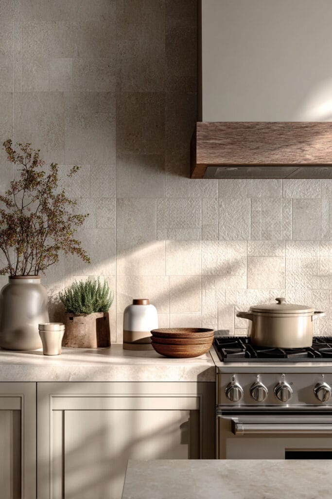 Neutral kitchen with dimensional tile backsplash, warm beige cabinetry, and stone countertops showing subtle texture layering and modern kitchen surface trends.