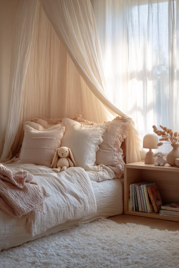 Cozy neutral little girls bedroom with sheer canopy bed, blush and cream bedding, stuffed bunny, and wooden nightstand with soft natural window light.