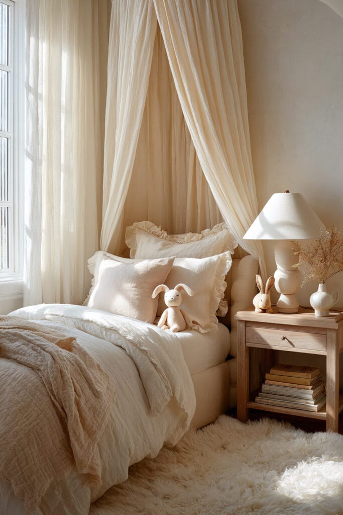 Cozy neutral little girl’s bedroom with sheer canopy bed, soft linen bedding, plush bunny toys, and warm natural light from a window.