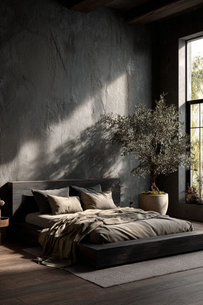 Dark Japandi bedroom with low platform wood bed, textured plaster wall, olive tree, and warm natural sunlight