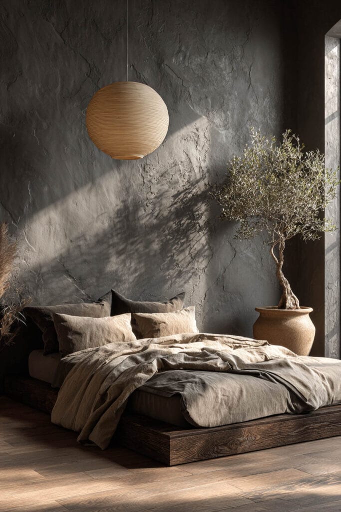 Japandi bedroom with low wood platform bed, linen bedding, textured plaster wall, paper lantern light, and olive tree in ceramic pot