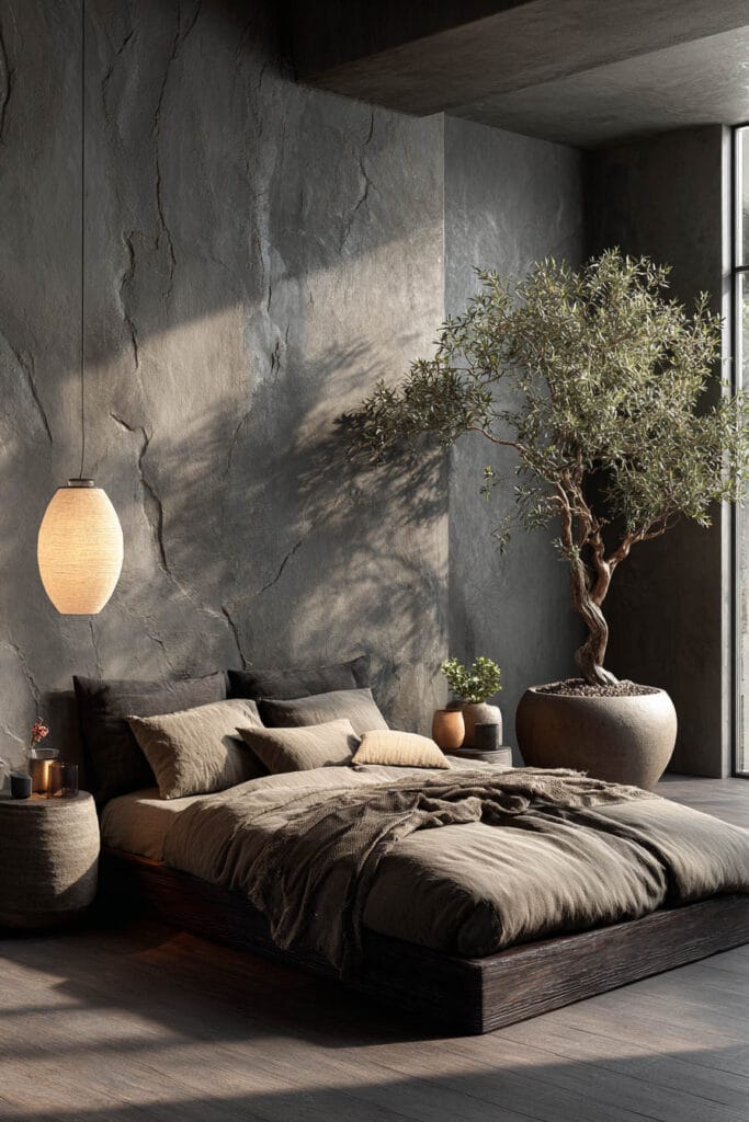 Japandi bedroom with low wood platform bed, textured plaster wall, olive tree, neutral bedding, and soft natural light