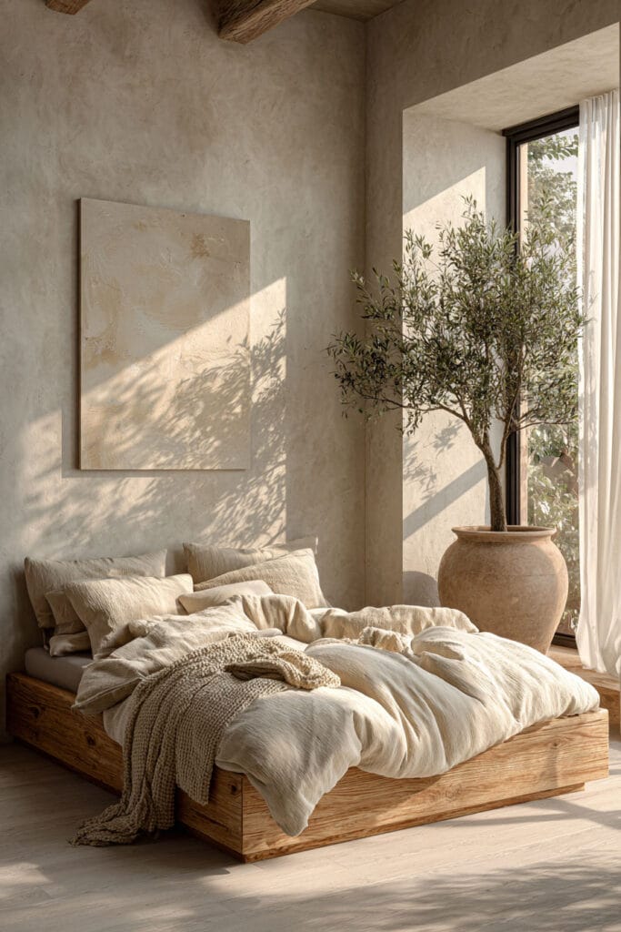 Japandi bedroom with low wood platform bed, neutral linen bedding, textured plaster walls, and olive tree in ceramic pot with soft natural sunlight