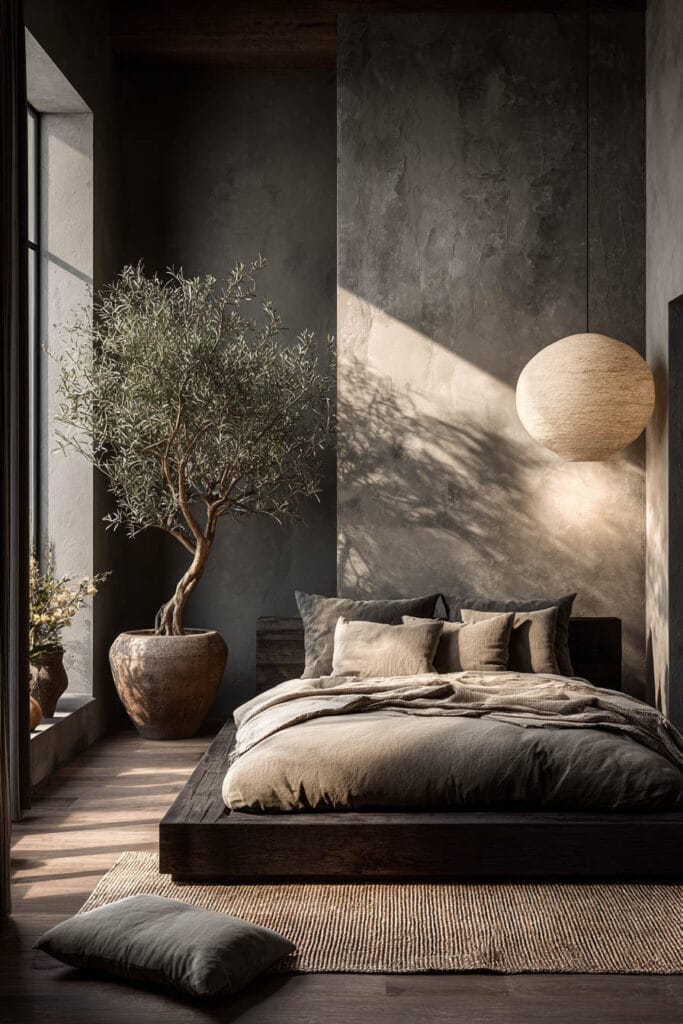 Japandi bedroom with low platform wood bed, olive tree, warm neutral bedding, textured plaster wall, and soft natural light creating a calm minimalist space