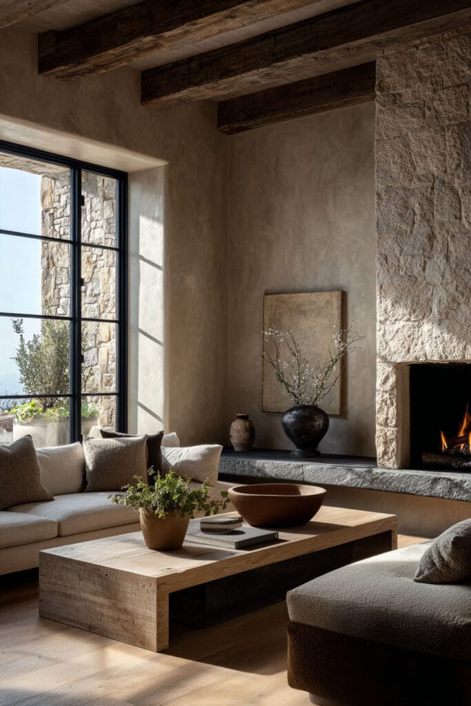 Organic modern living room with stone fireplace, wood ceiling beams, linen sofa, and warm neutral decor showcasing natural materials in a cozy interior.