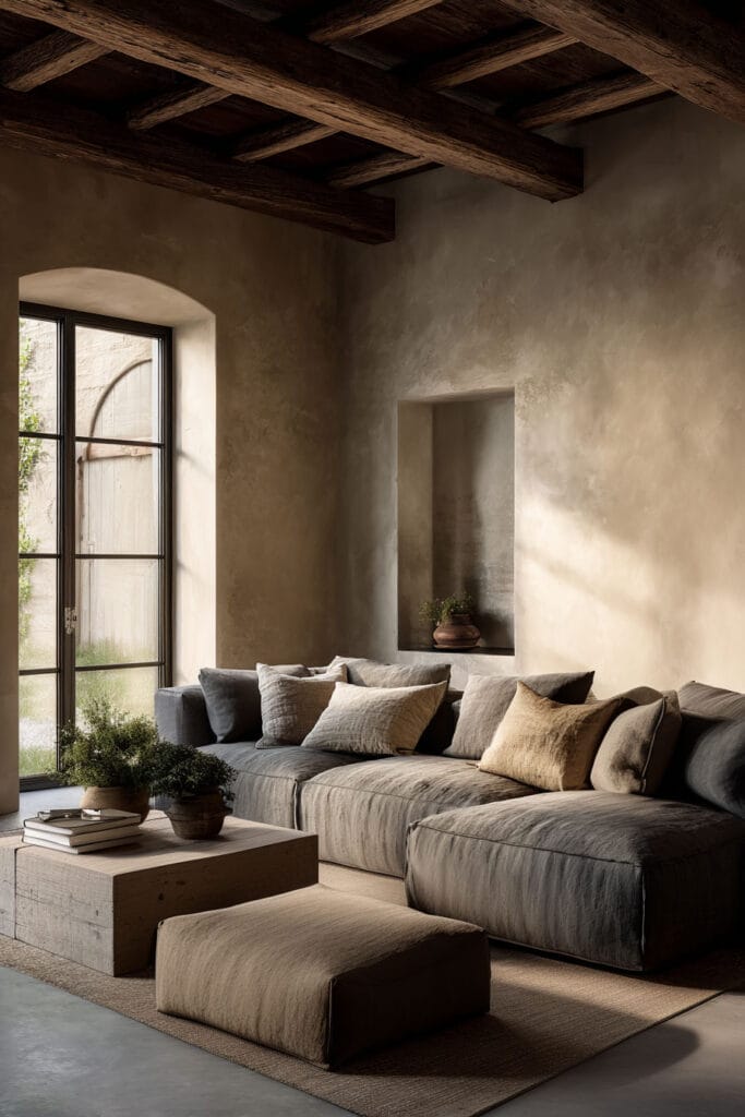 Organic modern living room with exposed wood beam ceiling, textured plaster walls, linen sofa, and natural wood coffee table in warm neutral tones