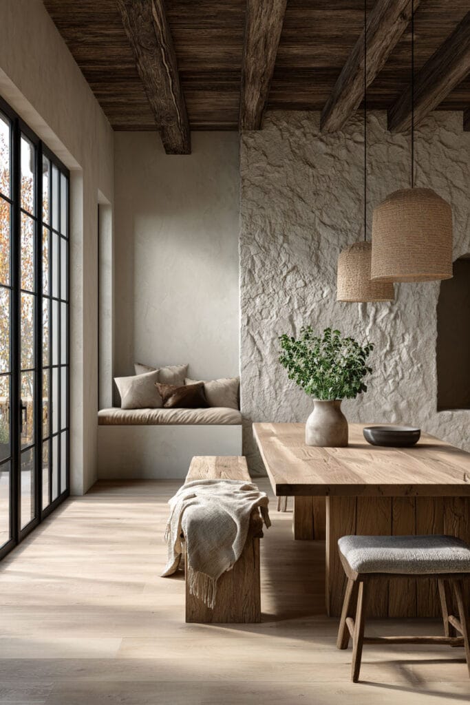 Organic modern dining room with textured stone wall, exposed wood ceiling beams, warm wood dining table, and soft plaster walls filled with natural light.