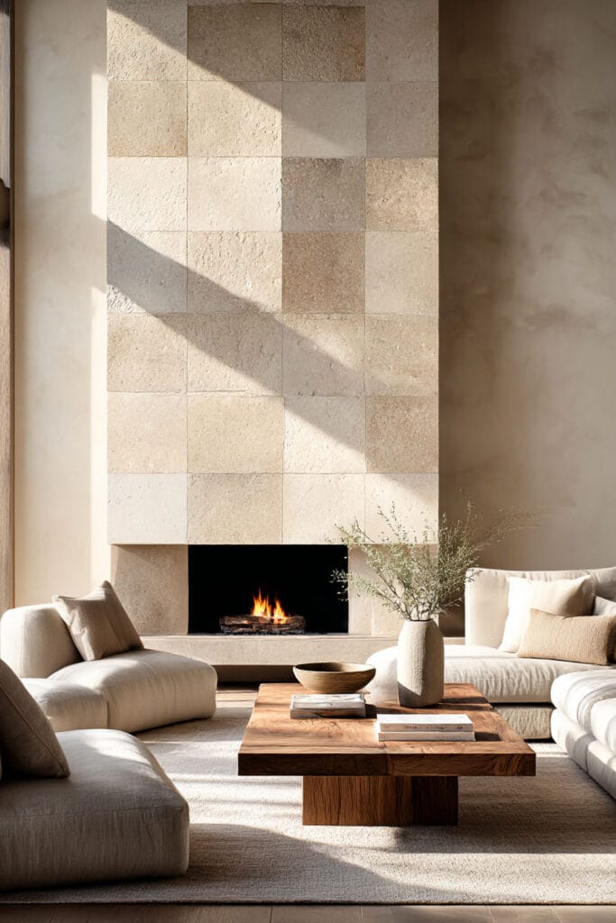 Organic modern living room with large natural stone tile fireplace, warm wood coffee table, neutral linen seating, and soft sunlight highlighting natural textures.