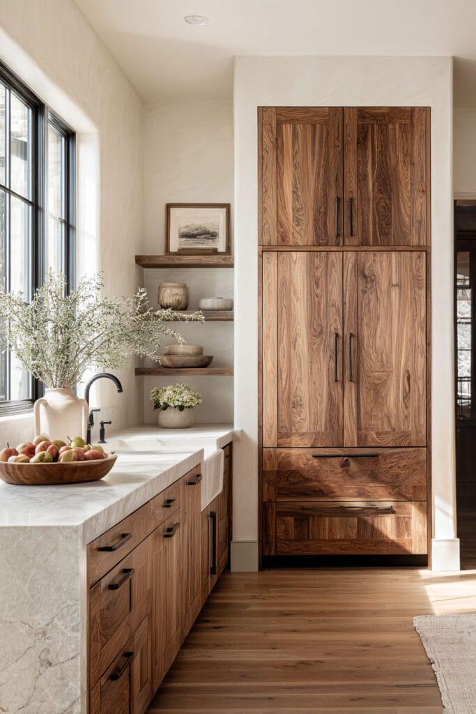 Warm wood kitchen cabinets with marble countertops, farmhouse sink, open shelving, and natural light in a cozy neutral kitchen design