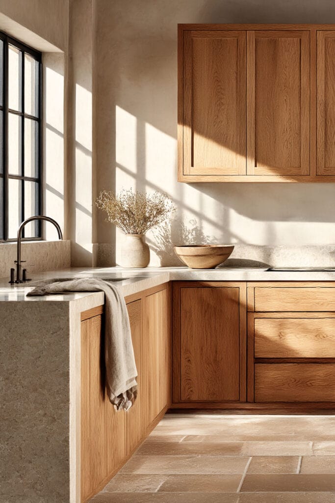 warm wood kitchen cabinets with natural stone countertops, neutral color palette, textured plaster walls, and sunlight-filled modern kitchen design