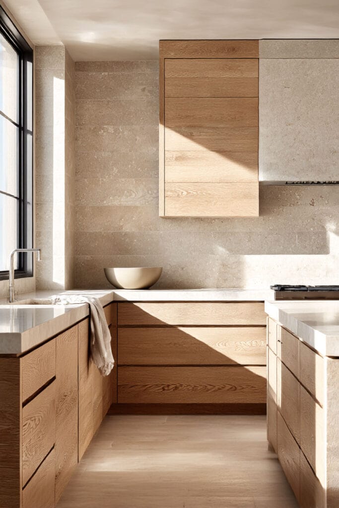 warm wood kitchen cabinets with natural stone backsplash and countertops, organic modern kitchen design with neutral tones and sunlight