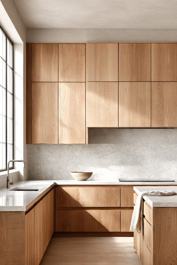 warm wood kitchen cabinets with light oak finish, marble backsplash, and minimalist organic modern kitchen design with natural light