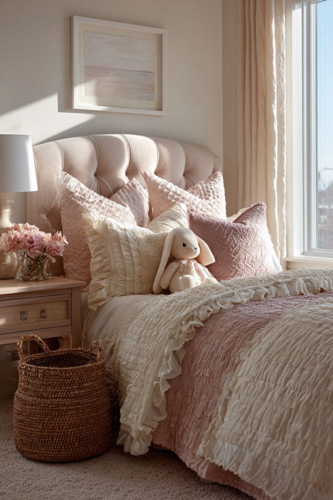 Little girls bedroom with blush tufted headboard, ruffled bedding, layered pink pillows, plush bunny toy, and cozy neutral decor.