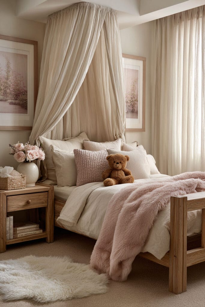 Cozy blush and neutral little girls bedroom with canopy bed, wooden bed frame, layered pillows, plush teddy bear, and soft pink throw blanket.