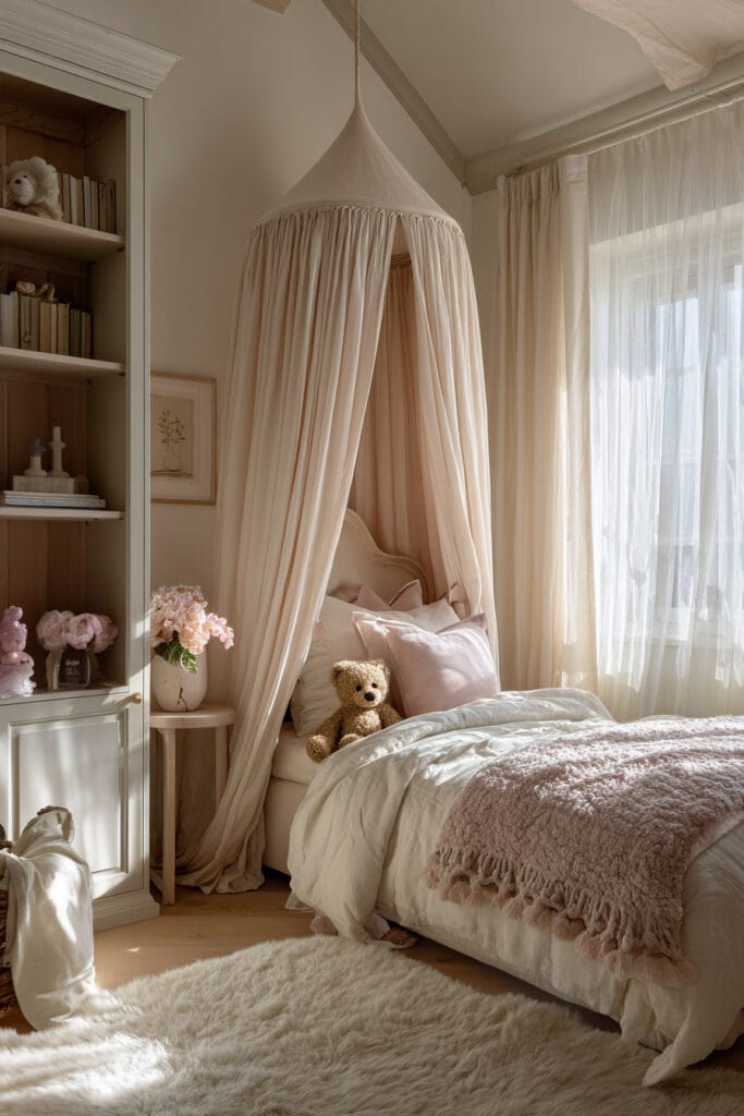 Cozy little girl’s bedroom with canopy bed, blush throw blanket, teddy bear, built-in shelves, and soft neutral bedding in warm sunlight.