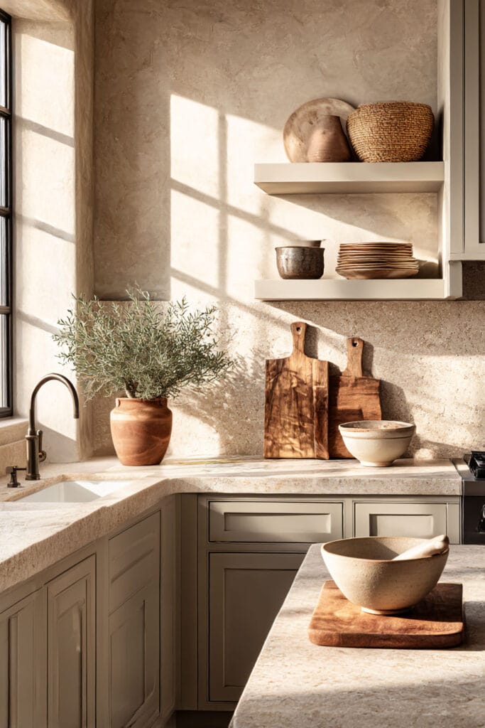earthy neutral kitchen with beige cabinets, stone countertops, textured walls, and open shelving in a warm organic modern kitchen design