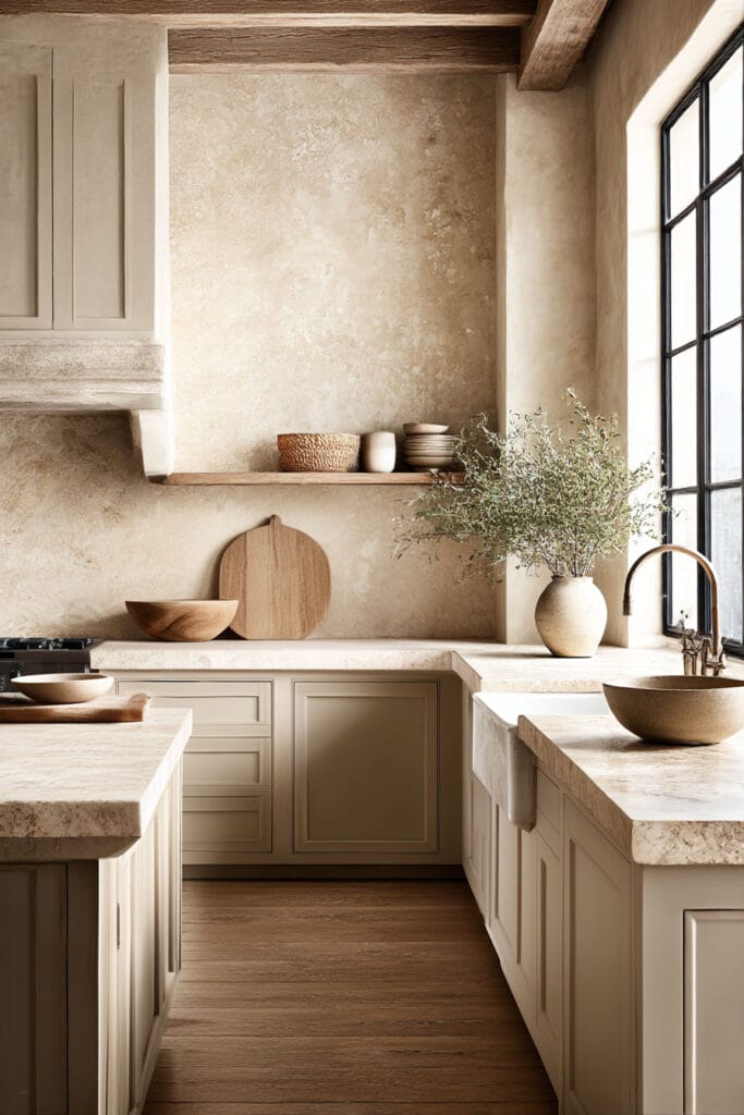 earthy neutral kitchen with beige cabinets, natural stone countertops, textured walls, and warm organic modern kitchen design