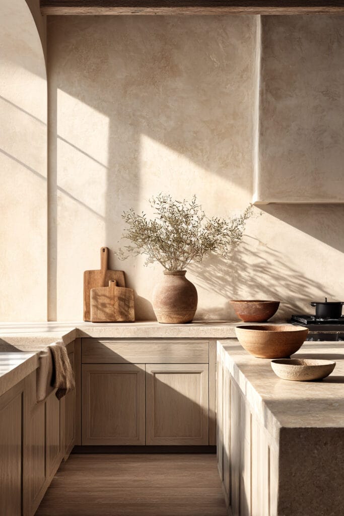 earthy neutral kitchen with beige cabinets plaster walls and natural stone countertops in organic modern design