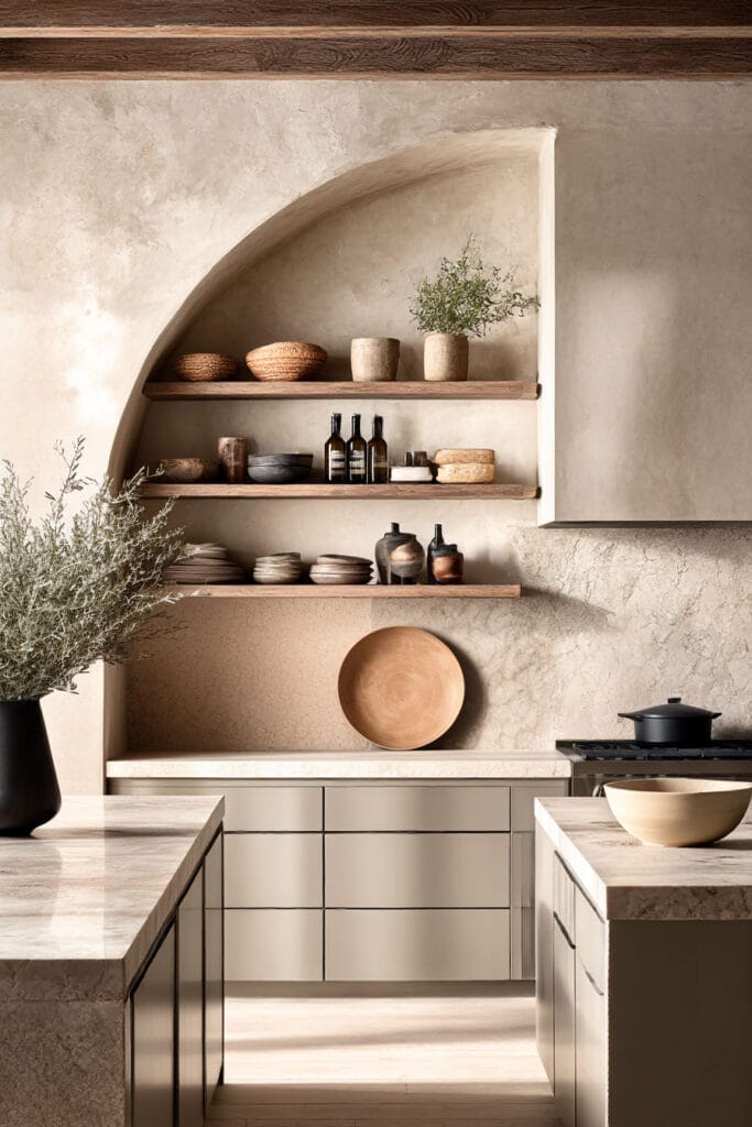 earthy neutral kitchen with beige tones, natural stone countertops, arched niche, and open shelving in an organic modern design