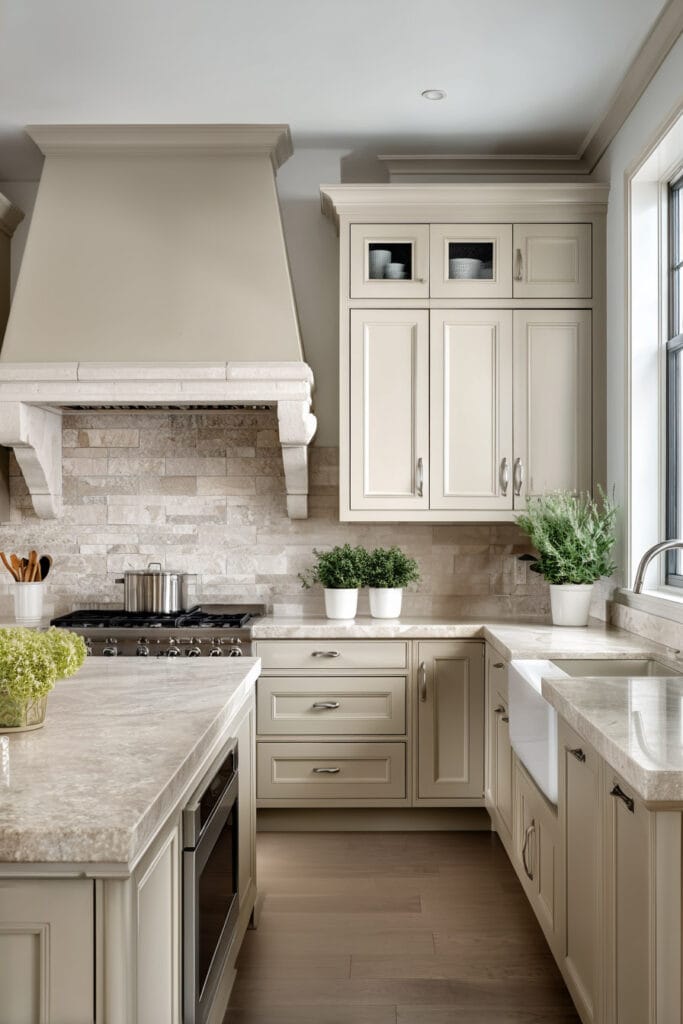 Neutral kitchen with cream cabinets, stone backsplash, farmhouse sink, and warm tones in a timeless earthy kitchen design