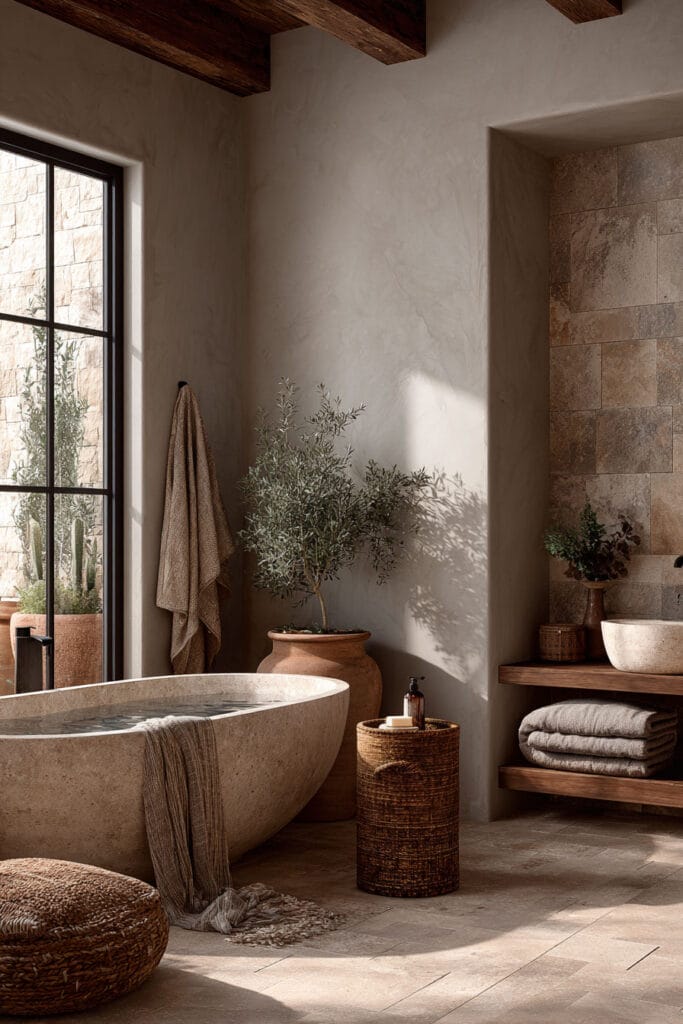 Earthy spa bathroom with stone soaking tub, plaster walls, clay tile shower, wood shelving, and warm natural sunlight.