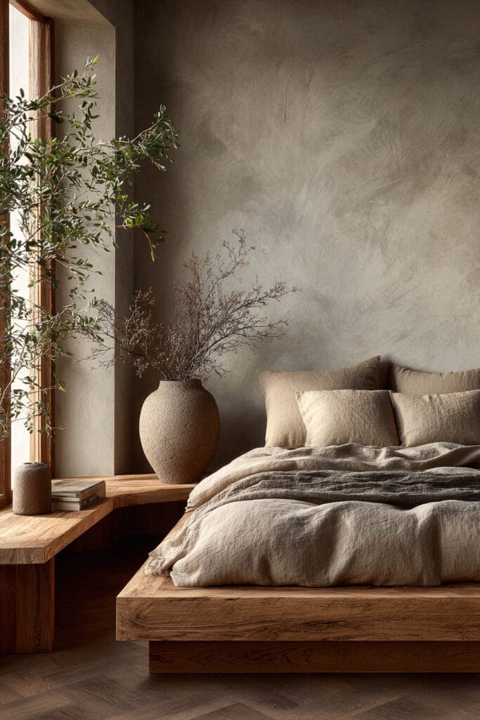 Japandi bedroom with wooden platform bed, neutral linen bedding, textured plaster wall, olive tree by window, and warm natural light