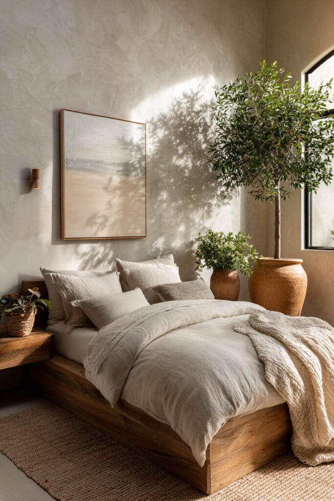 Japandi bedroom with warm neutral color palette, linen bedding, wood bed, olive tree, textured wall, and minimal artwork