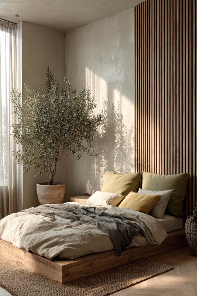 Japandi bedroom with vertical wood slat wall, low wood platform bed, olive tree, and warm neutral bedding with soft natural sunlight